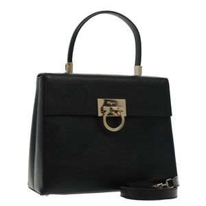 Salvatore Ferragamo Gancini Hand Bag Safiano leather 2way Black Auth 95928V
